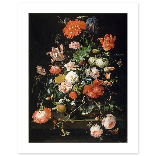 Still-life with flowers in a crystal carafe placed on a stone pedestal with a dragonfly (art prints)