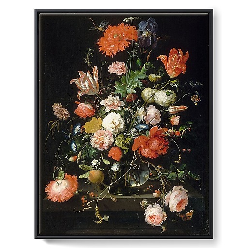 Still-life with flowers in a crystal carafe placed on a stone pedestal with a dragonfly (framed canvas)