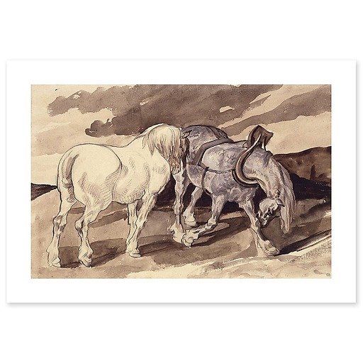 Deux chevaux de charrette dételés (affiches d'art)