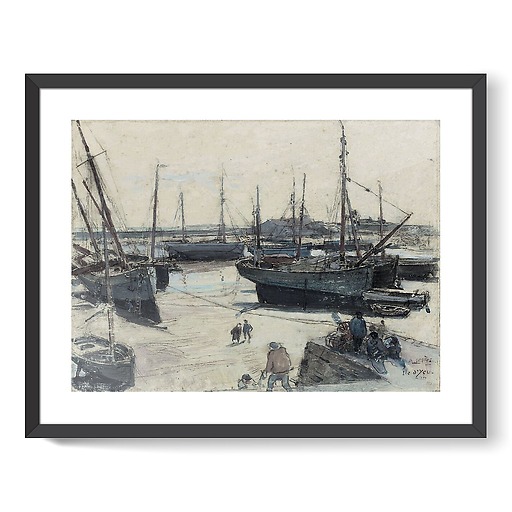 Fishing vessels stranded on the shore, with several sailors on a jetty (framed art prints)
