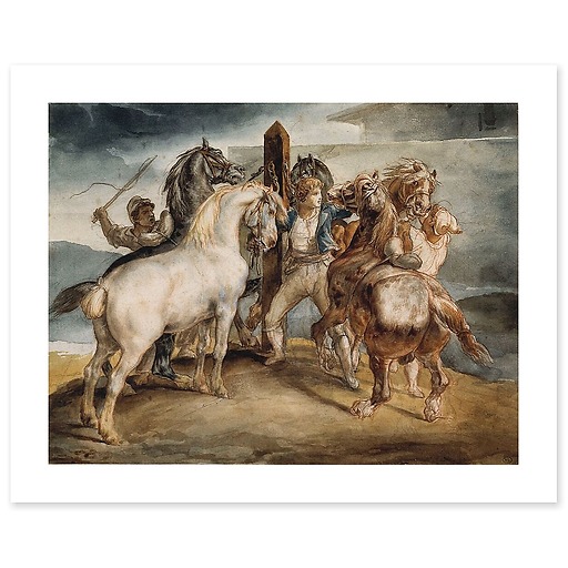 The horse market: five horses on the picket line (canvas without frame)