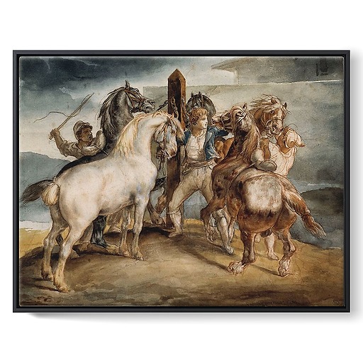 The horse market: five horses on the picket line (framed canvas)