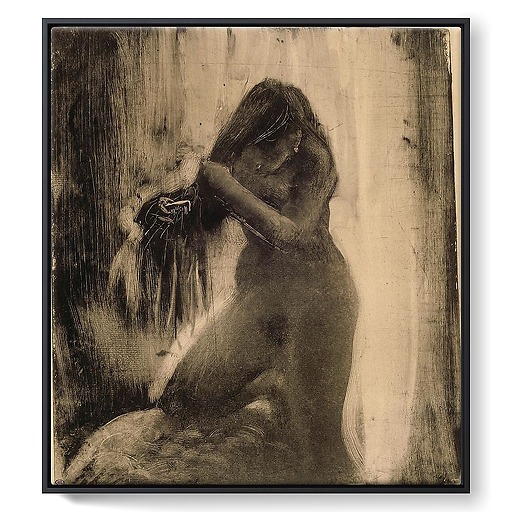 Woman, naked, doing her hair (framed canvas)