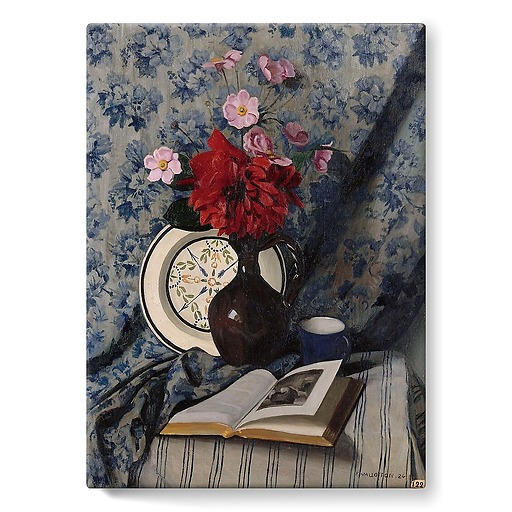Red Dahlias and open book (stretched canvas)