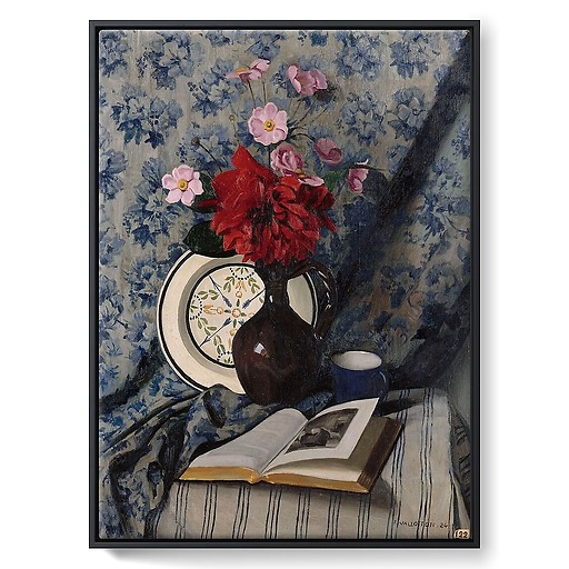 Red Dahlias and open book (framed canvas)