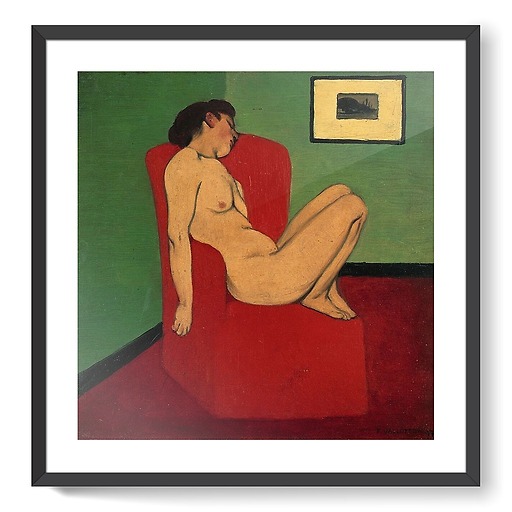 Naked woman sitting in a red armchair (framed art prints)