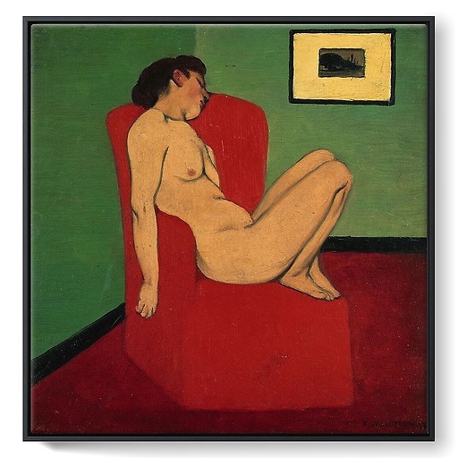 Naked woman sitting in a red armchair (framed canvas)