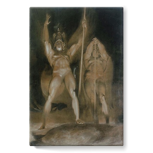 Satan and Beelzebub standing, from the front, overlooking the flaming clouds (stretched canvas)