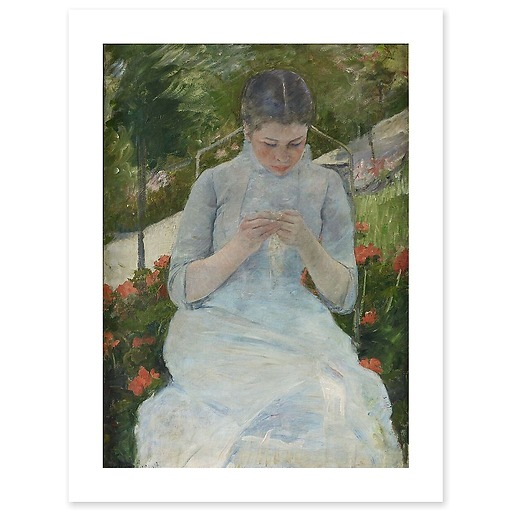 Jeune fille au jardin, dit aussi Femme cousant dans un jardin (affiches d'art)