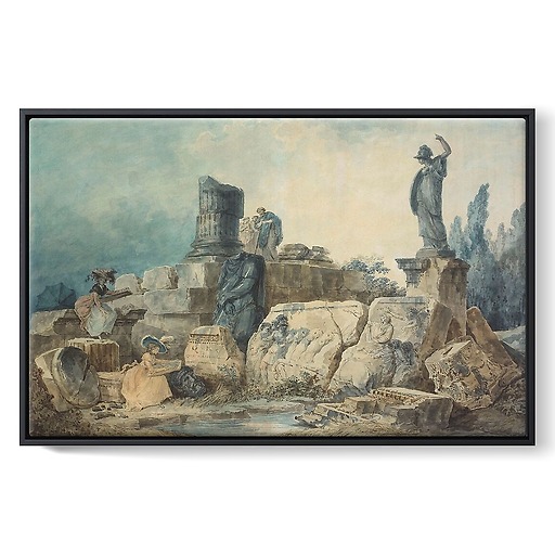 Two young women drawing in an ancient ruin site (framed canvas)