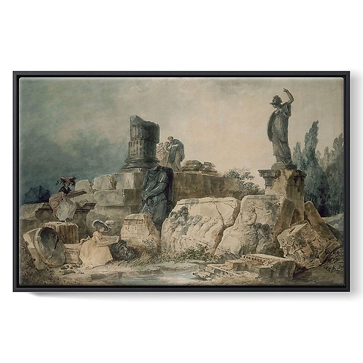 Two young women drawing in an ancient ruin site (framed canvas)