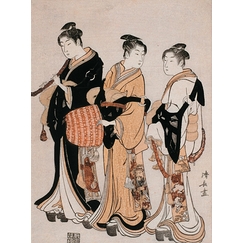 Trois jeunes femmes déguisées en Komuso (ménestrel ambulant)