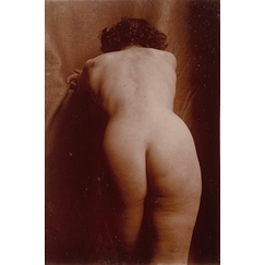 Naked woman standing up from behind, leaning, knee-high view