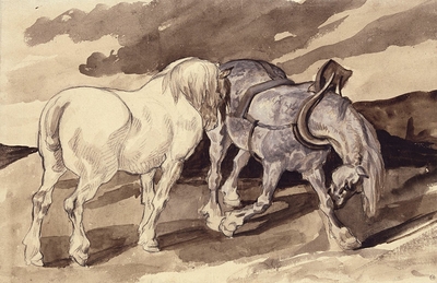 Two detached wagon horses