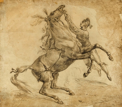 Horse held at the bridle, bending up