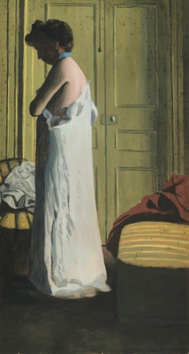 Nude in an interior, woman taking off her shirt