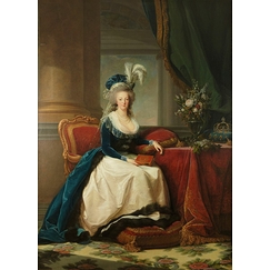 Queen Marie-Antoinette sitting, in a blue coat and white dress, holding a book in her hand