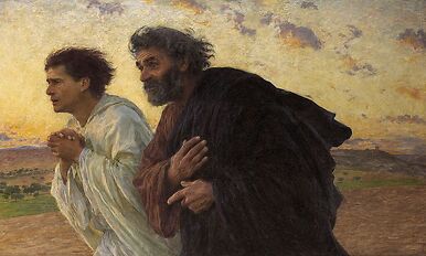 Les disciples Pierre et Jean courant au sépulcre le matin de la Résurrection