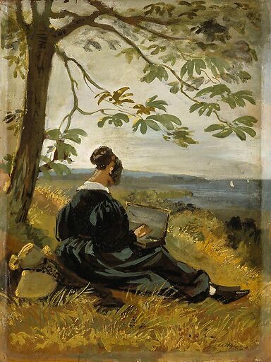 Jeune femme dessinant au pied d'un arbre