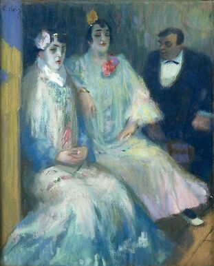 Three seated characters or the Dominoes