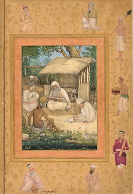 Saint homme et ses disciples étudiant un texte sacré