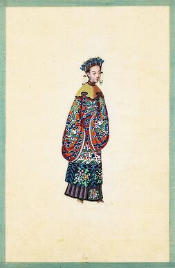 Page d'un album de peinture d’exportation figurant des personnages chinois