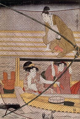 Scène sur un bateau : le filet-épuisette