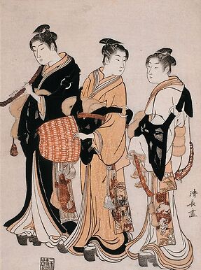 Three Young Women Masquerading as Komuso (Strolling Minstrel)