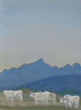 Three pairs of white bulls on a mountain landscape