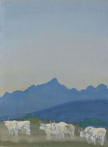 Three pairs of white bulls on a mountain landscape