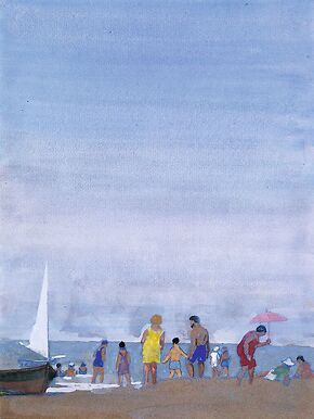 Beach scene with stranded fishing boat in the morning