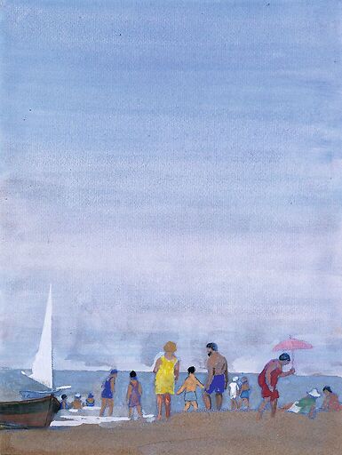 Beach scene with stranded fishing boat in the morning