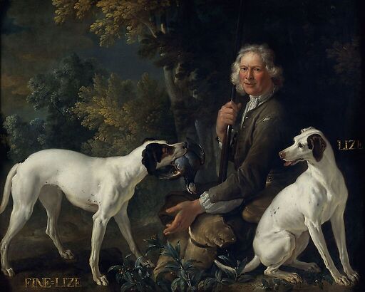 Portrait du garde-chasse La Forêt et de Fine-Lise et Lise, deux chiennes de la meute royale