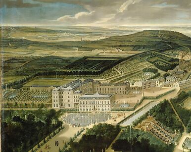 Vue cavalière du château, jardins bas et de la ville de Saint-Cloud