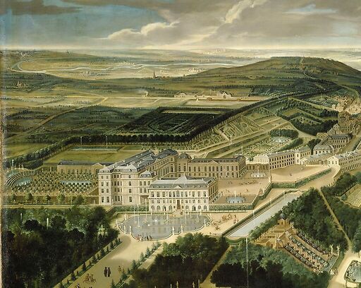 Vue cavalière du château, jardins bas et de la ville de Saint-Cloud