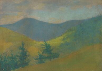 Mountain landscape with fir trees in the foreground