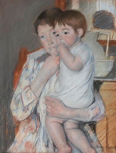 Mother and child: the woman holds her child on her lap who sucks his thumb