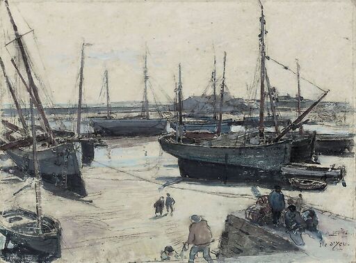 Fishing vessels stranded on the shore, with several sailors on a jetty