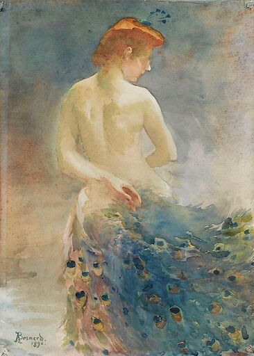 Naked woman, from behind, with a peacock tail, head in profile on the right