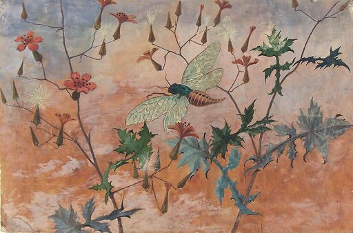 Model for ceramic decoration: flying cicada in the middle of prenanthes