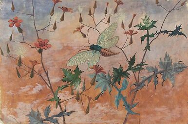 Model for ceramic decoration: flying cicada in the middle of prenanthes