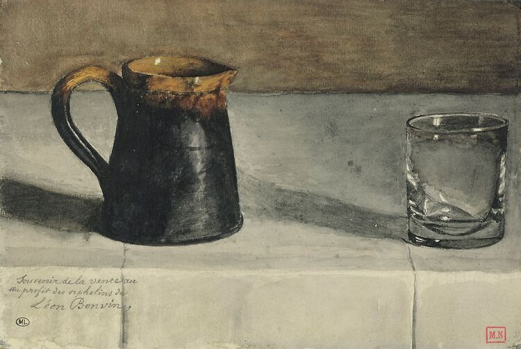 Still life: jug and glass on a table (canvas without frame