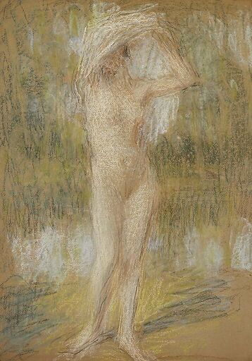 Nude standing, face up, arms raised, holding a drapery