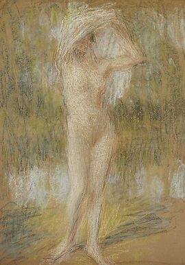 Nude standing, face up, arms raised, holding a drapery