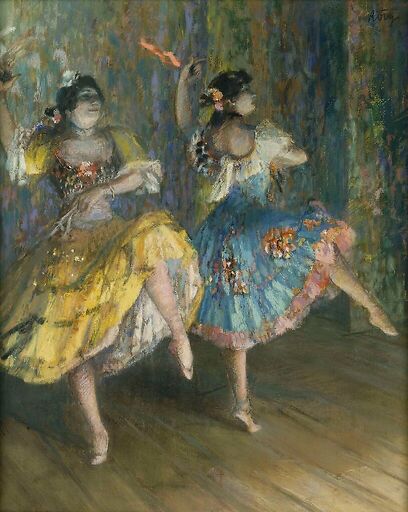 Deux danseuses espagnoles, sur scène, jouant des castagnettes