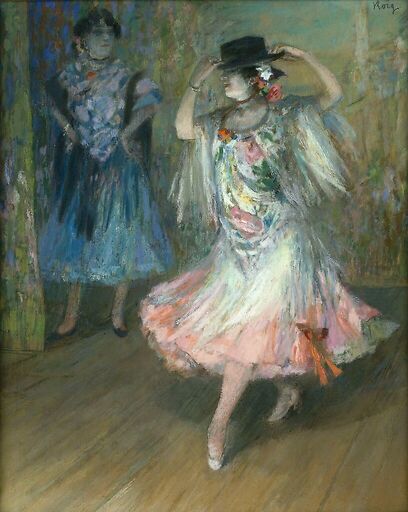 Two Spanish dancers, one of whom is holding the edges of her sombrero