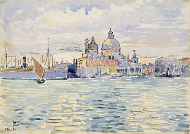 Venice, the canal with sailing boats and in the background the Salute