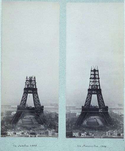 The construction of the Eiffel Tower seen from one of the towers of the Trocadero Palace