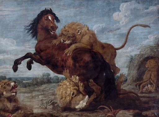 Cheval attaqué par des lions