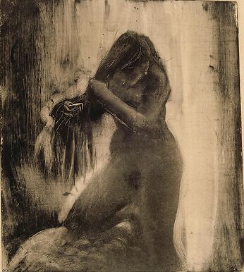 Femme, nue, se coiffant